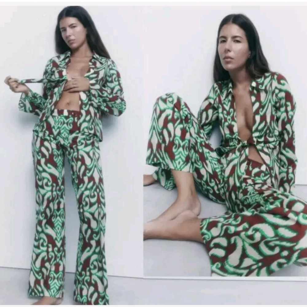 NWT ZARA Green Brown Cotton Mid Rise Straight Leg Front Zip Printed Pants Size S